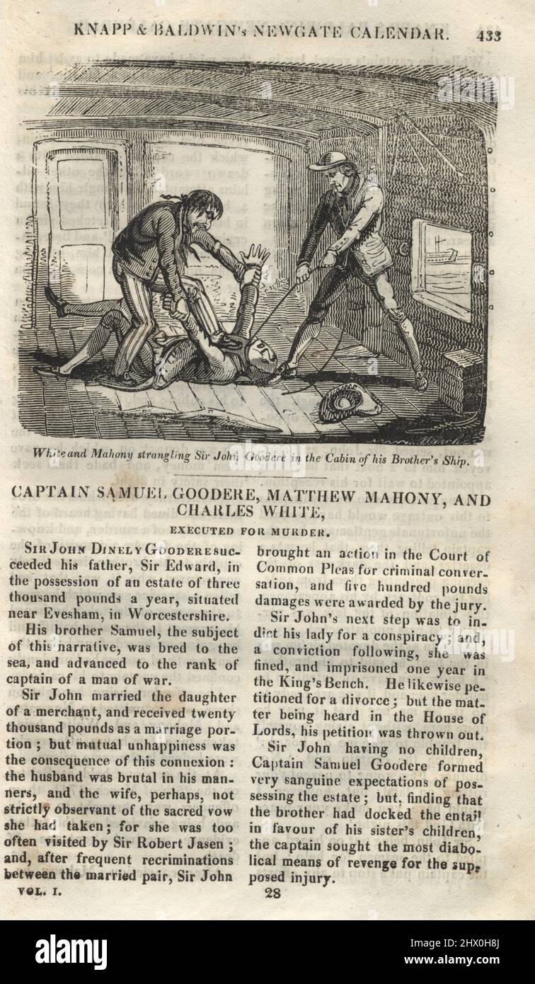 Page du Calendrier Newgate, White et Mahony qui étranglent Sir John Goodere dans la cabine du navire de son frère, crime du 18th siècle Banque D'Images
