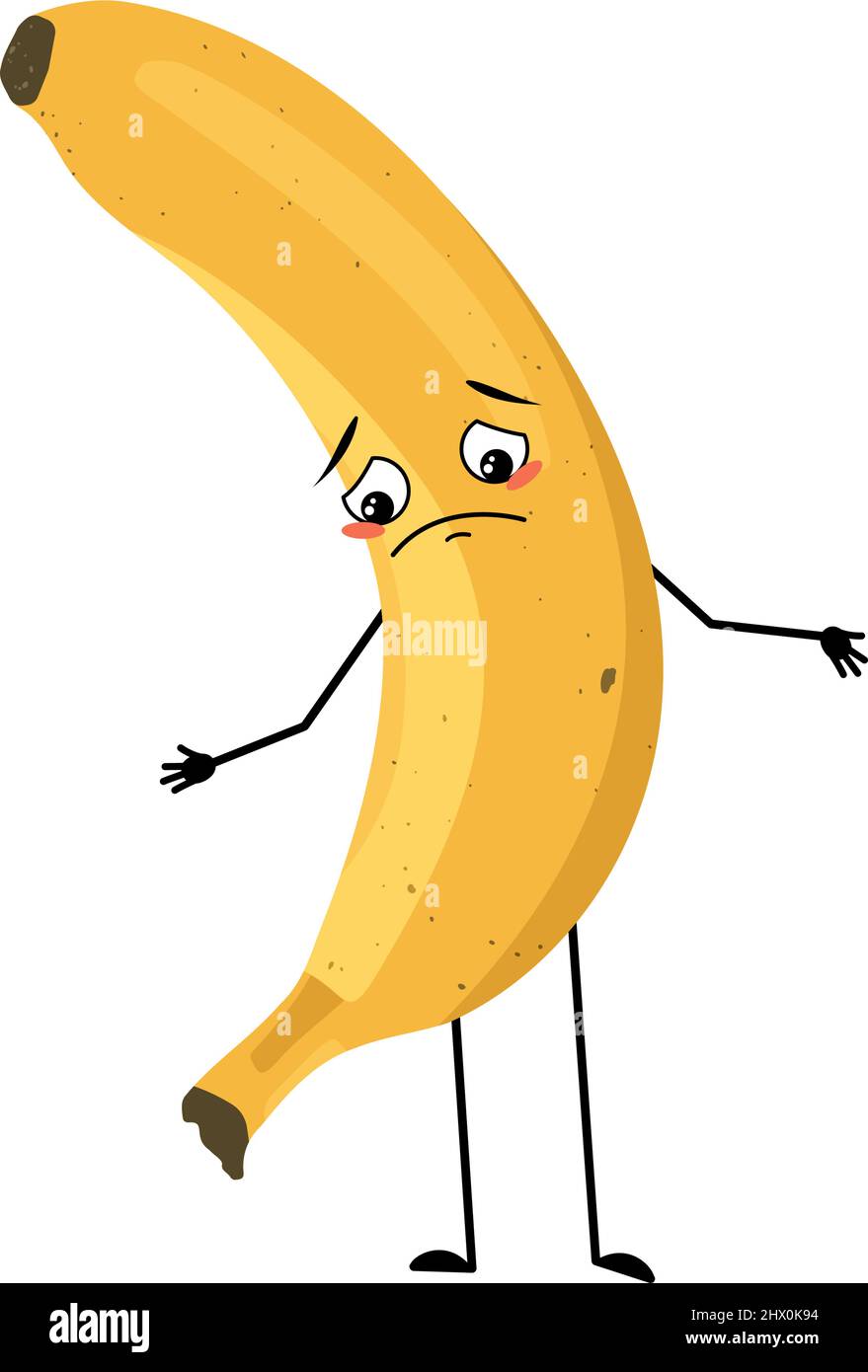 Caractère banane avec des émotions tristes, visage déprimé, yeux bas, bras et jambes. Personne avec expression mélancolique, émoticône de fruit. Illustration vectorielle plate Illustration de Vecteur