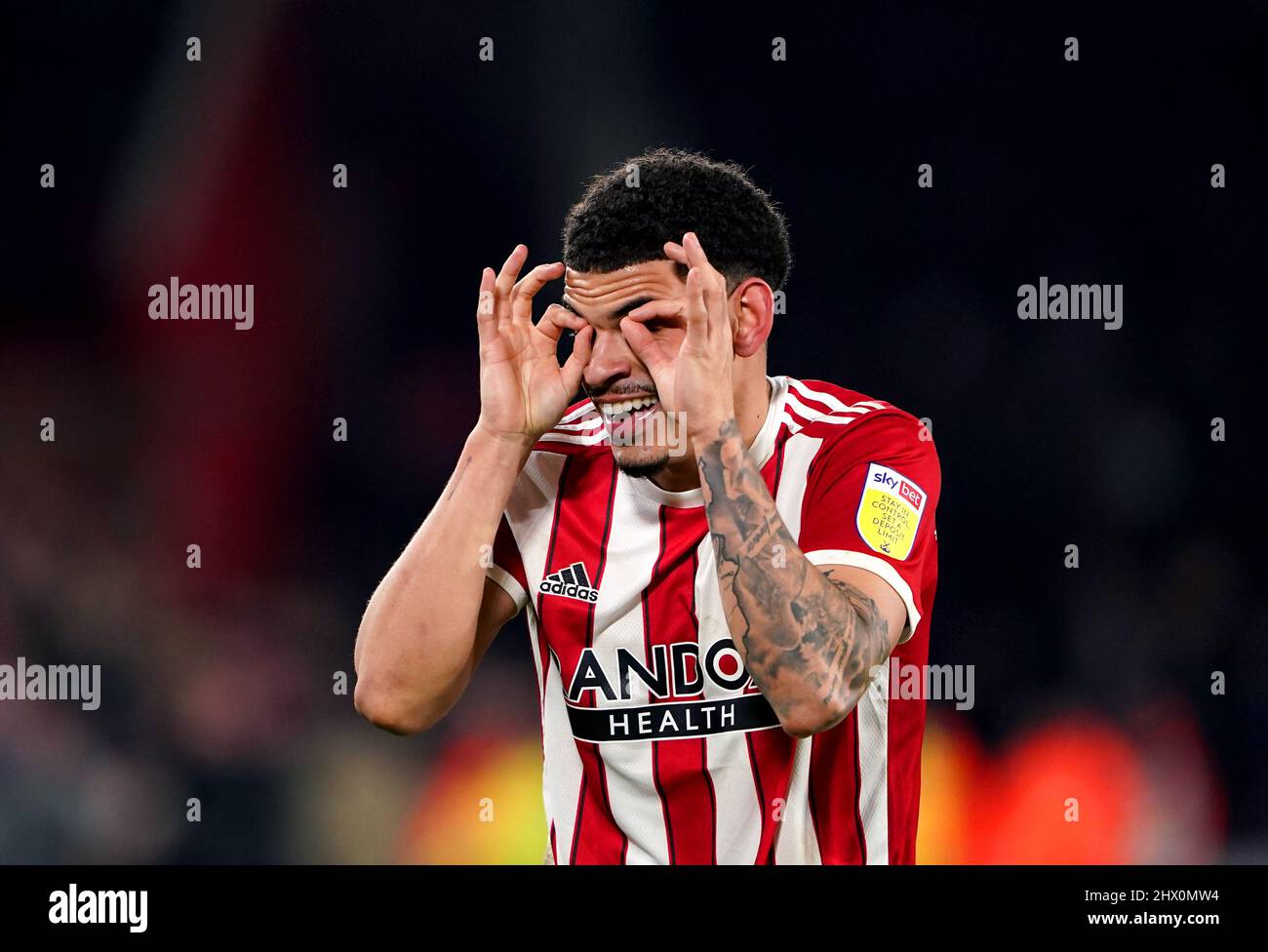 Morgan Gibbs-White, de Sheffield United, célèbre le quatrième but du match du championnat Sky Bet à Bramall Lane, Sheffield. Date de la photo: Mardi 8 mars 2022. Banque D'Images