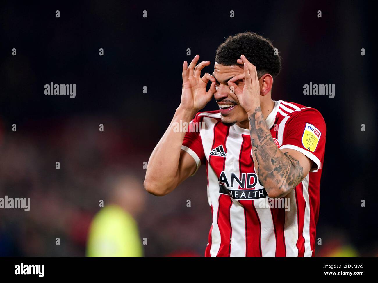 Morgan Gibbs-White, de Sheffield United, célèbre le quatrième but du match du championnat Sky Bet à Bramall Lane, Sheffield. Date de la photo: Mardi 8 mars 2022. Banque D'Images