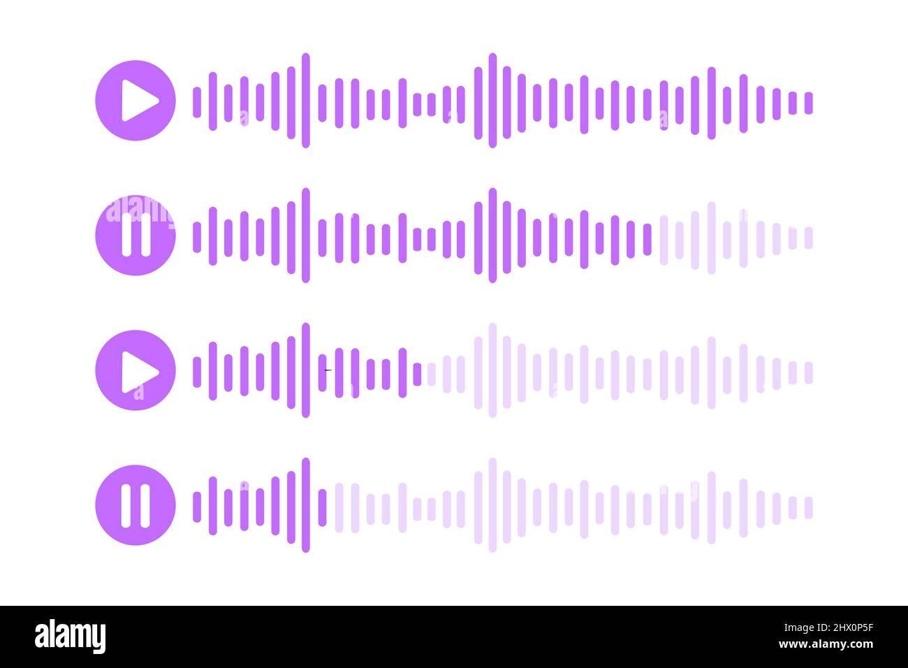 Icônes de message vocal. Chat audio avec lecture et pause des ondes sonores de la parole isolées sur fond blanc. Messenger, radio, interface d'application mobile de podcast. Illustration graphique vectorielle Illustration de Vecteur