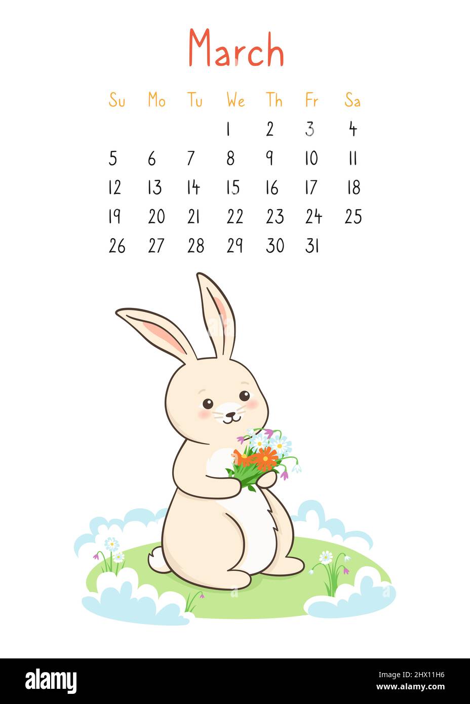 Calendrier 2023 Humoristique Calendrier 2023 Avec Lapin, Organisateur De Page De Mars. Lapin Donnant Le  Bouquet De Fleurs, Bonjour Affiche De Printemps. Romantique Design Amour,  Modèle Carte Postale, Invitation Ou Bannière Puérile, Illustration  Vectorielle Image
