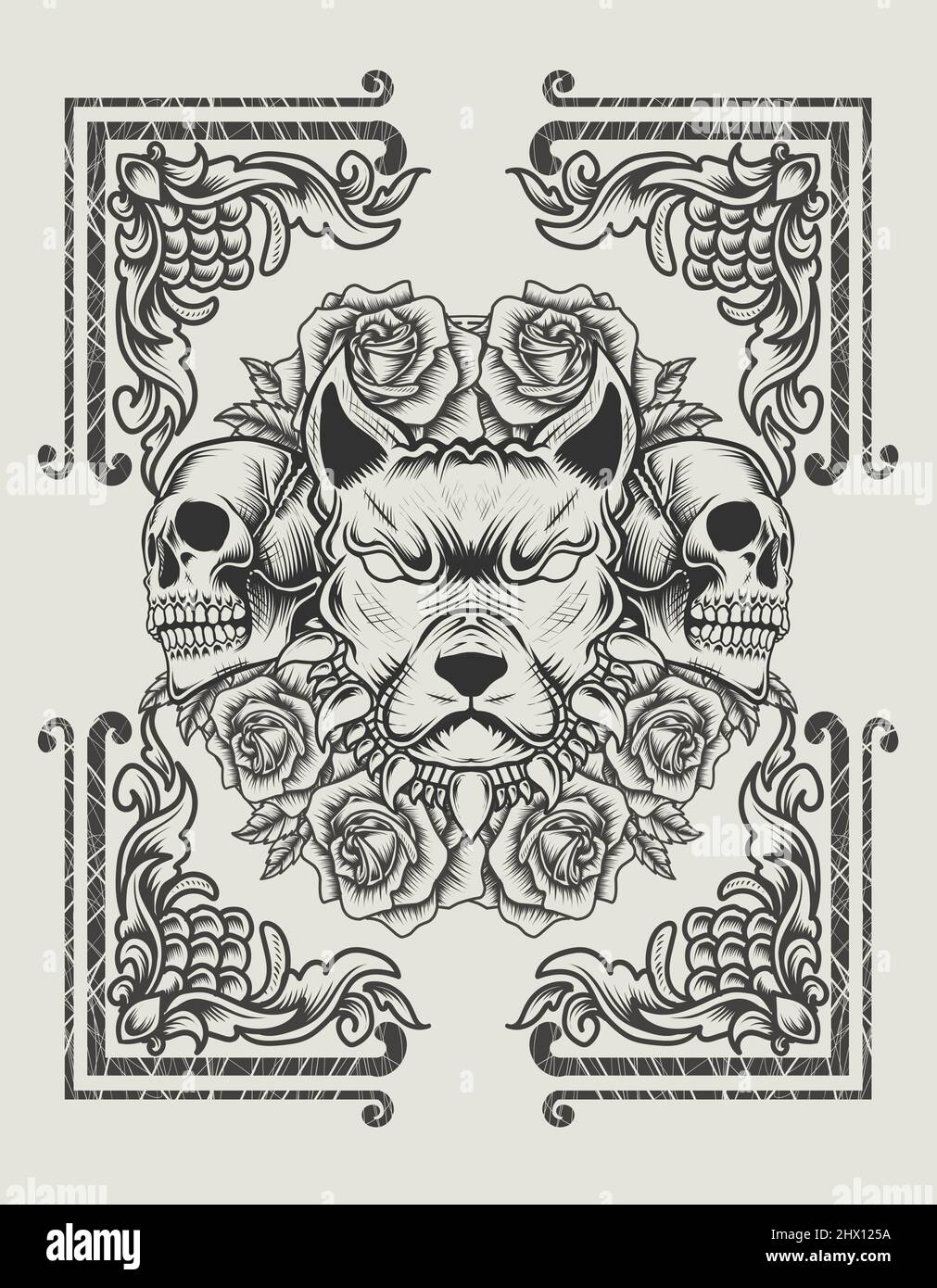 illustration tête de chien vecteur avec crâne et fleur rose Illustration de Vecteur
