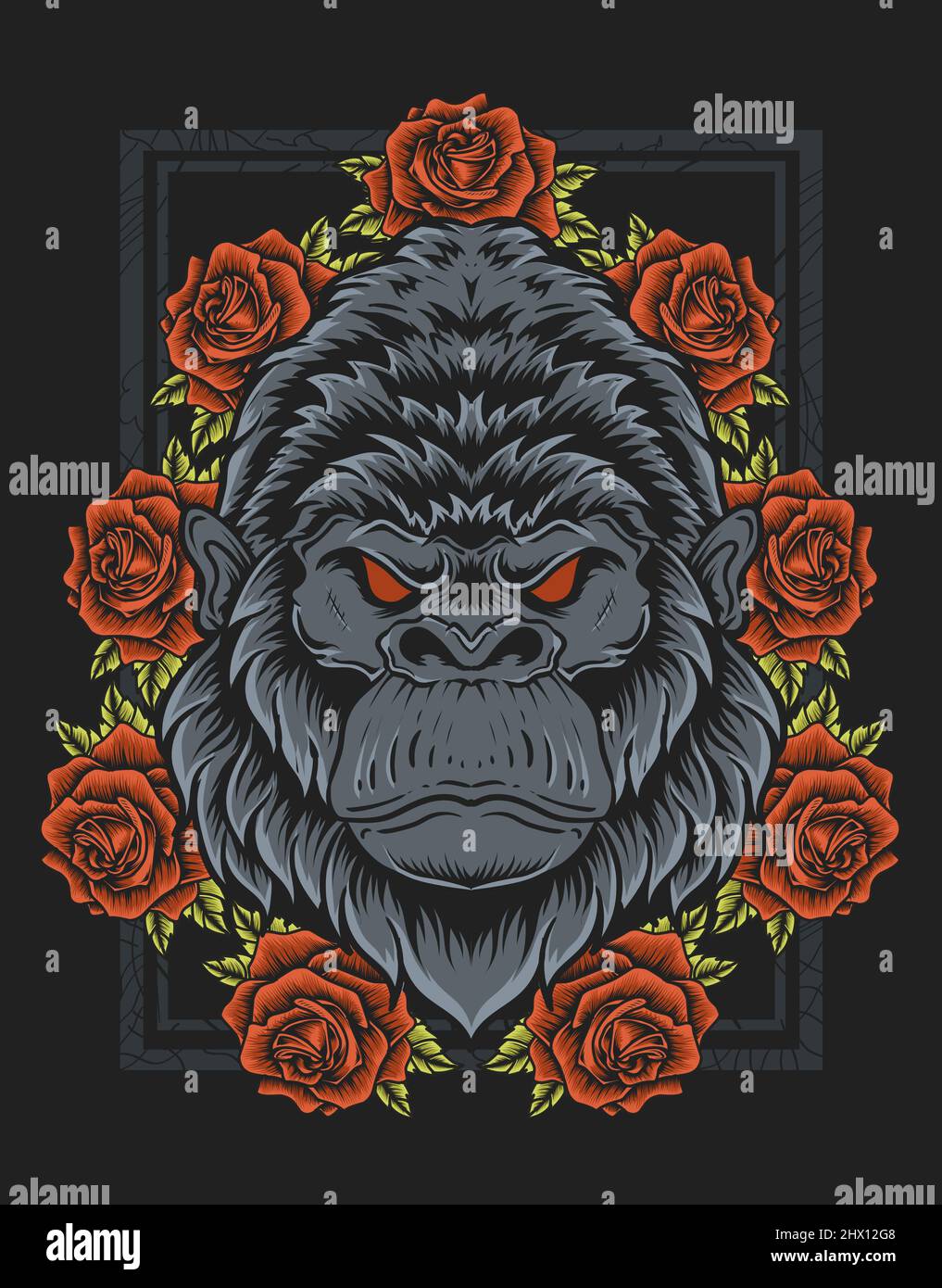 illustration tête de gorille vintage avec fleur de rose Illustration de Vecteur