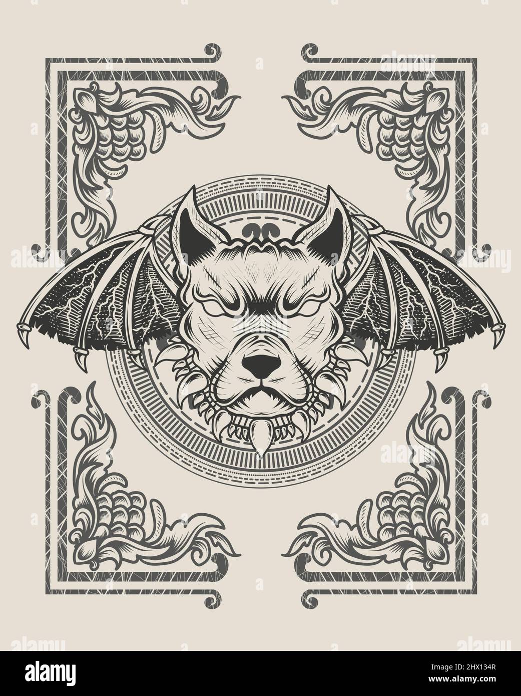 illustration tête de chien démon style monochrome Illustration de Vecteur