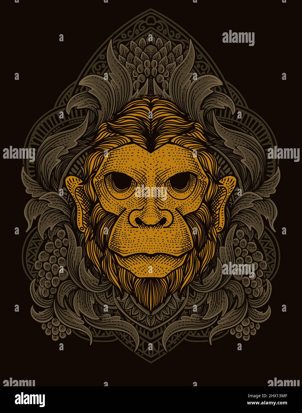 illustration tête de singe avec gravure vintage style ornement Illustration de Vecteur