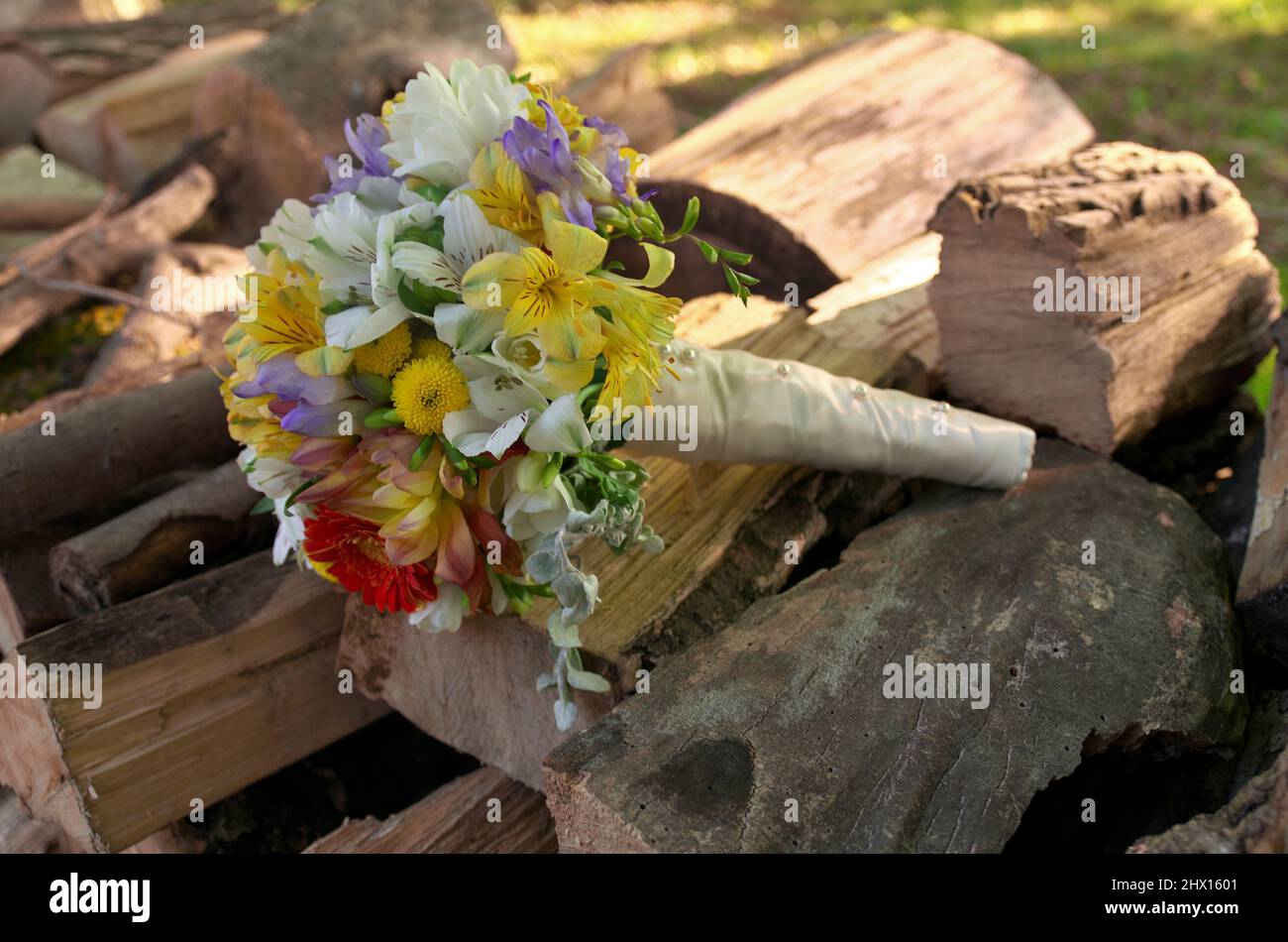 Bouquet de mariage coloré de lilies et de pâquerettes de Gerber sur une pile de bois dans un cadre rural Banque D'Images Bouquet de mariage coloré de lilies et de pâquerettes de Gerber sur une pile de bois dans un cadre rural Banque D'Images