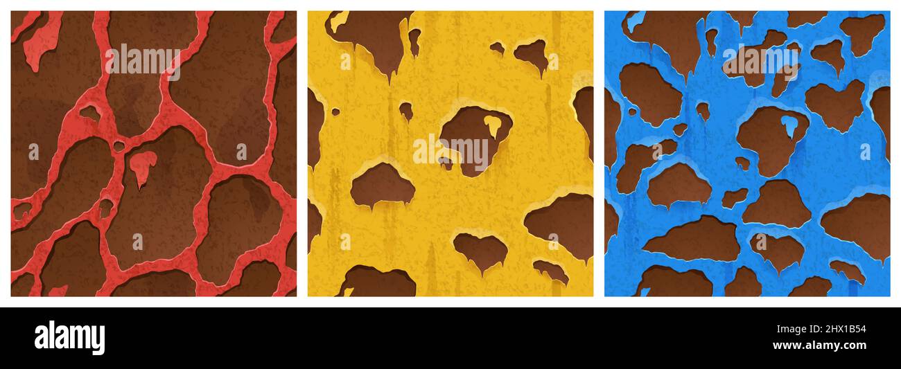 Texture en métal rouillé avec trous, motif de jeu de rouille. Arrière-plan vectoriel sans couture recouvert de peintures rouges, jaunes et bleues et de taches ferrugineuses sur une surface métallique rugueuse, illustration du dessin de dessin animé en fer, ensemble Illustration de Vecteur