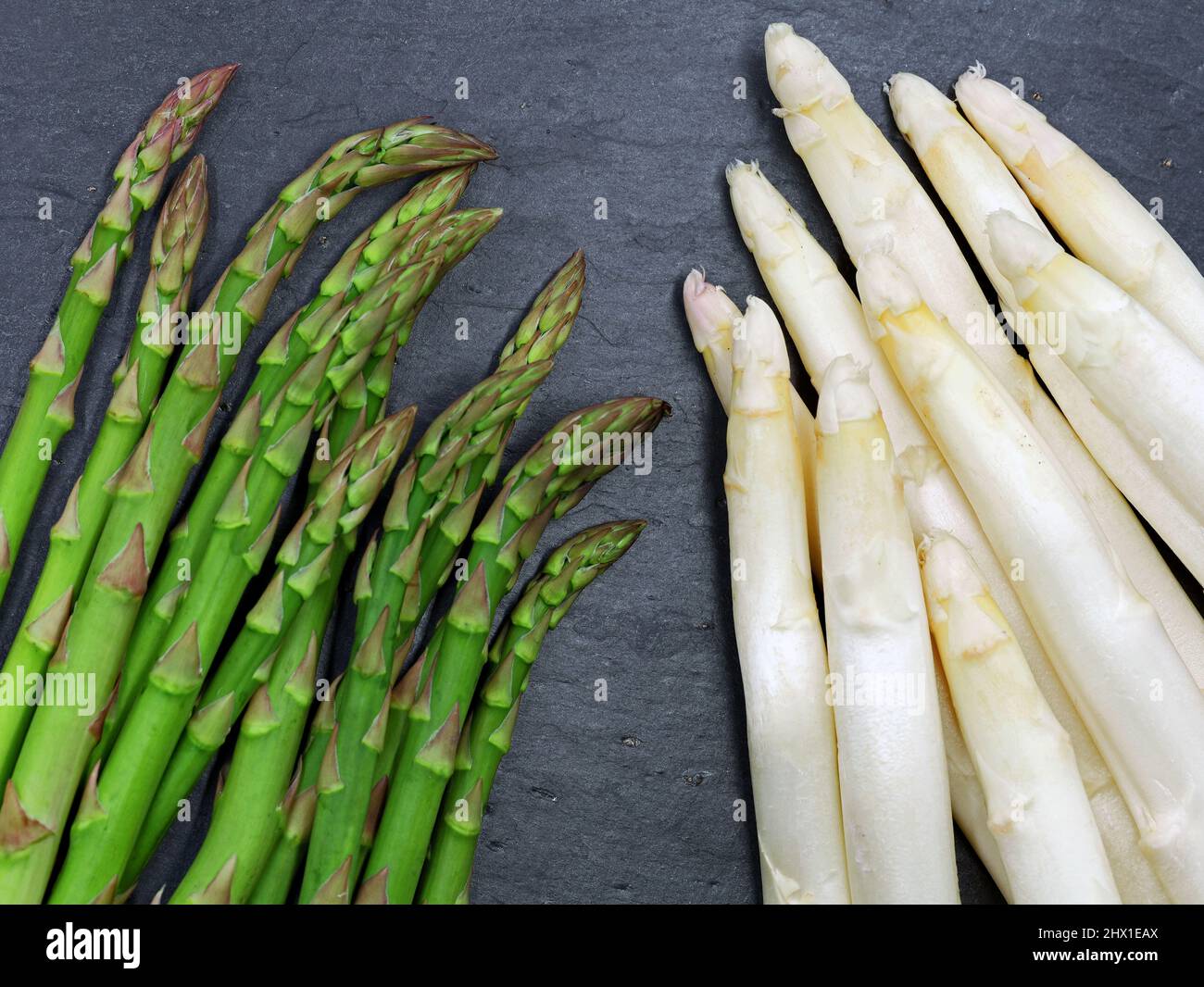 Asperges fraîches vertes et blanches sur fond d'ardoise foncé, comparaison des variétés d'asperges Banque D'Images