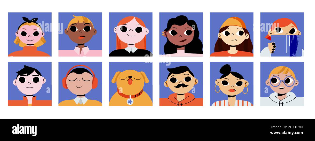 Avatars avec portraits de personnes pour profil sur les réseaux sociaux. Collection vectorielle plate de groupes multiraciaux de personnages, de visages de femmes et d'hommes et de chiens sur fond carré bleu Illustration de Vecteur