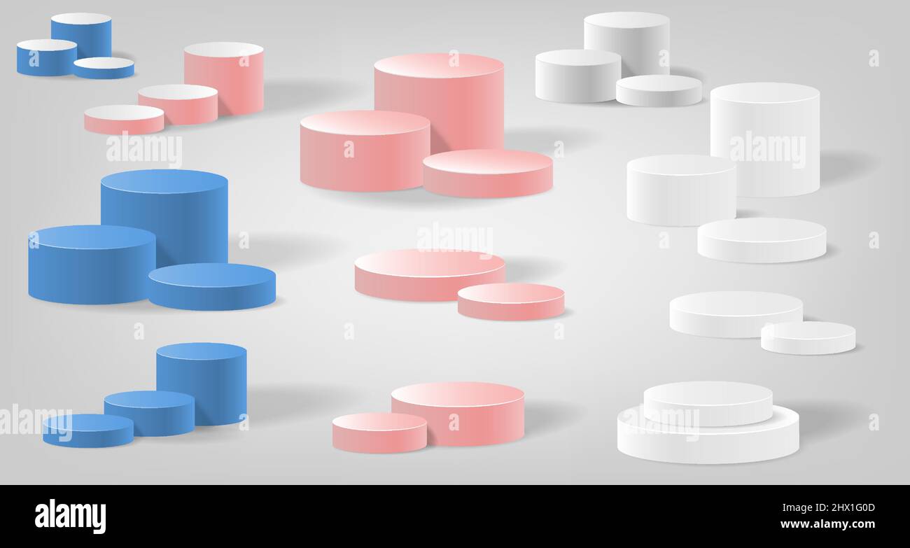 Set collection de podium ou plate-forme pour la présentation de produit isolé en couleur multiple, blanc bleu rose pêche. Modèle 3D maquette déi Illustration de Vecteur