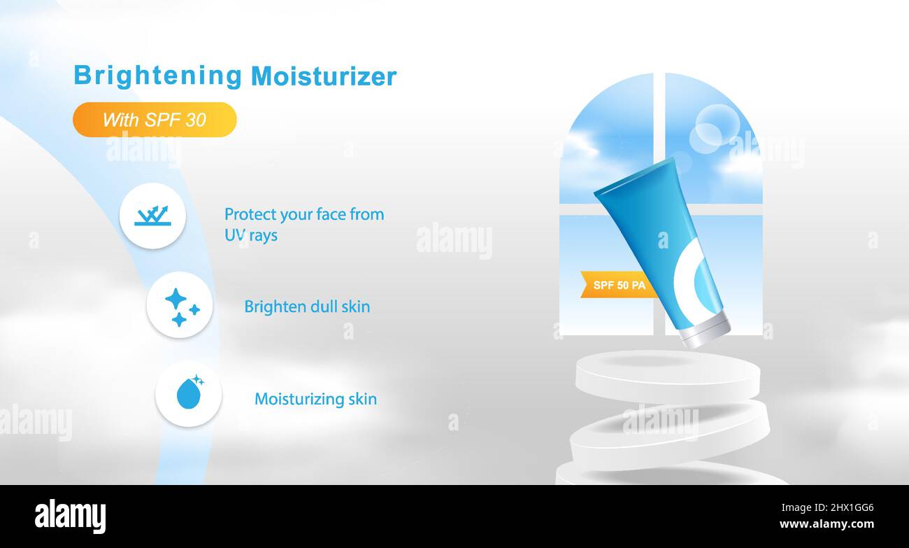 Modèle de bannière d'affichage de crème solaire cosmétique de beauté minimaliste moderne avec fond bleu ciel de nuage pour le marketing de marque. Avec icône, podium Illustration de Vecteur