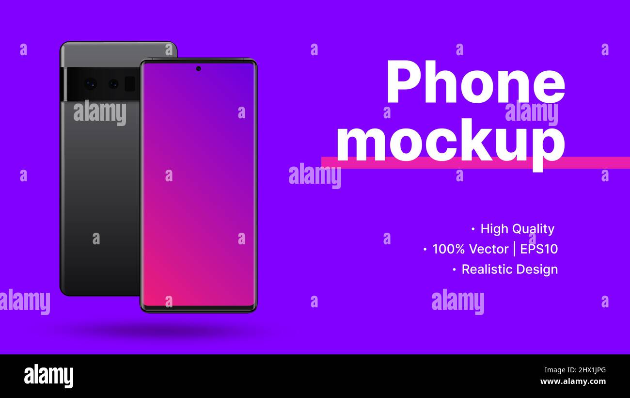 Bannière publicitaire de site Web. Vue avant et arrière du smartphone avec maquette d'écran vide. Diapositive promotionnelle mauve minimaliste. Illustration vectorielle Illustration de Vecteur