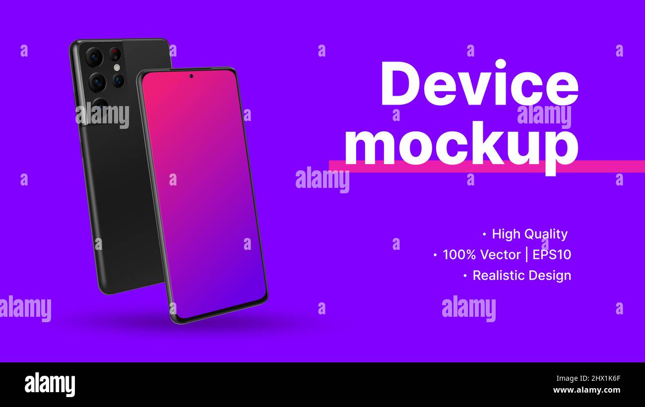 Bannière publicitaire de site Web. Vue avant et arrière diagonale du smartphone avec maquette d'écran vide. Diapositive promotionnelle mauve minimaliste. Illustration vectorielle Illustration de Vecteur