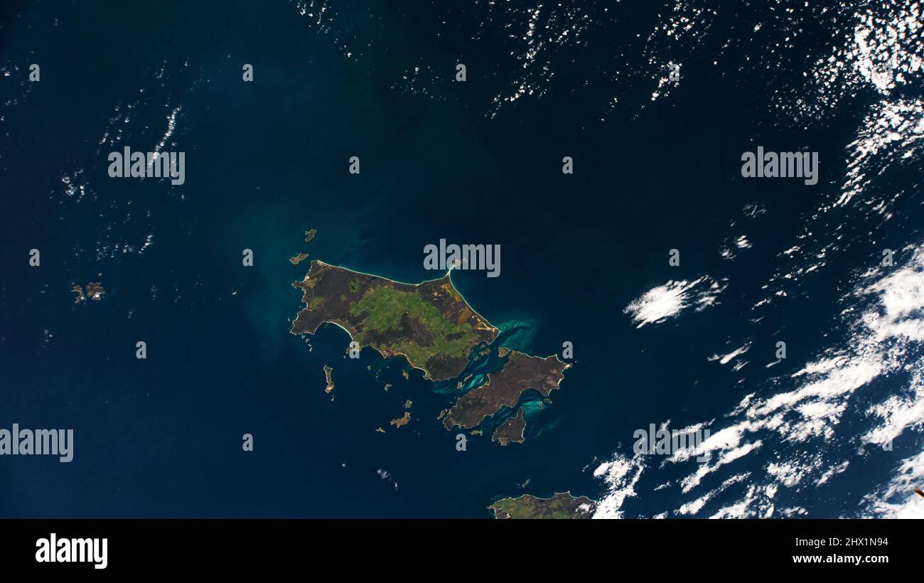 Image satellite de la NASA de l'île Flinders et de l'île Cape Barren, groupe des îles Furneaux, Tasmanie, Australie le 10 novembre 2021 Banque D'Images