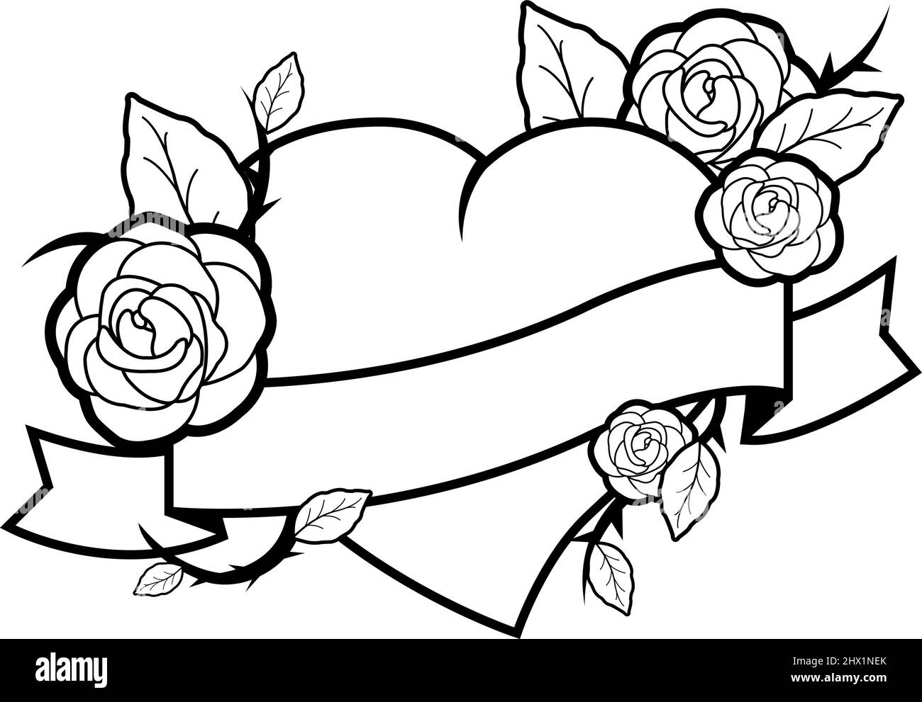Bannière vierge avec coeur et roses. Page de couleur noire et blanche vectorielle Illustration de Vecteur