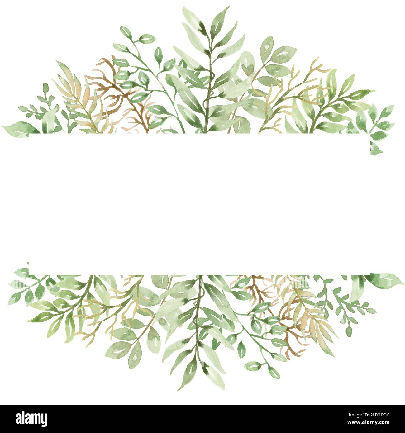 Clipart à cadre de verdure, illustration de la couronne de feuilles vertes aquarelle, bordure de feuillage, arrangement de mariage floral, cadre de feuille, plante de fines herbes, Carte nature Banque D'Images