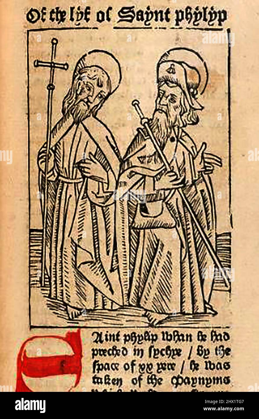Coupe de bois du 15th siècle montrant Saint Philippe (à gauche) parlant à un pèlerin portant un symbole de coque), imprimé par William Caxton ( 1422-1491/92) dans sa traduction de 'la Légende d'Or' ou 'donc endeth la legende nommée dans Latyn legenda aurea qui est à saye en Englyshe la legende' par Jacobus, De Voragine (Circa 1229-1298). Banque D'Images