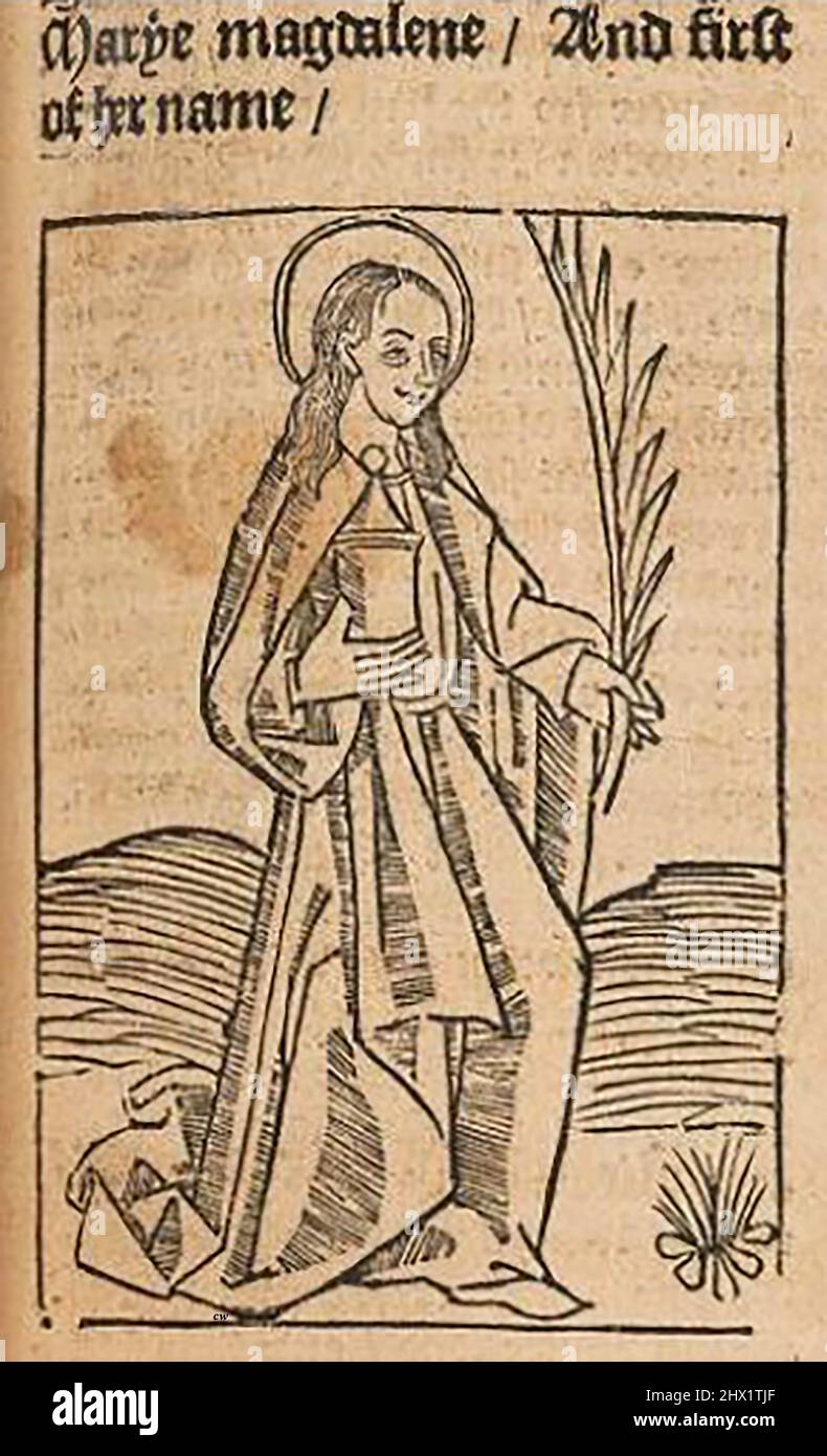 Coupe de bois du 15th siècle montrant Mary Magdalene (nommée Saint) imprimée par William Caxton ( 1422-1491/92) dans sa traduction de 'la Légende dorée' ou 'donc endethe legende nommée dans Lattin legenda aurea qui est à saye in Englyshe la legende dorée' par Jacobus, de Voragine, (Circa 1229-1298). Banque D'Images