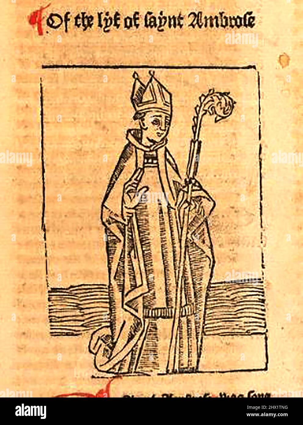 15th Century Woodcut montrant Saint Ambrose, imprimé par William Caxton ( 1422-1491/92) dans sa traduction de 'la Légende d'Or' ou 'donc endeth la legende nommée dans Latyn legenda aurea qui est à saye in Englyshe la legende d'or' par Jacobus, de Voragine, (Circa 1229-1298). Banque D'Images