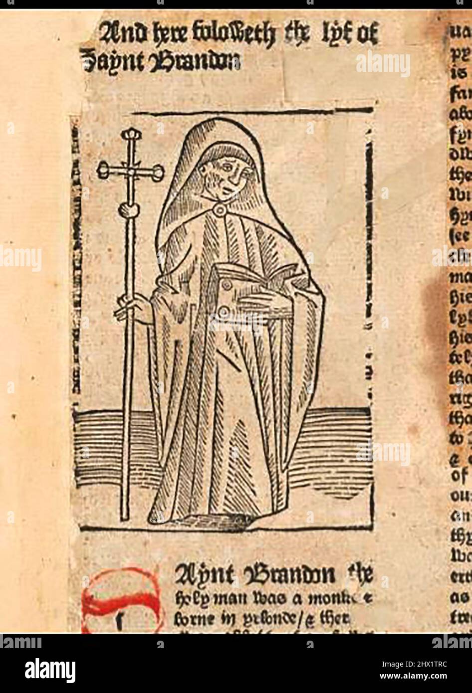 15th Century Woodcut montrant Saint Brandon , imprimé par William Caxton ( 1422-1491/92) dans sa traduction de 'la Légende d'Or' ou 'donc endeth la legende nommée dans Latyn legenda aurea qui est à saye in Englyshe la legende dorée' par Jacobus, de Voragine, (Circa 1229-1298). Banque D'Images