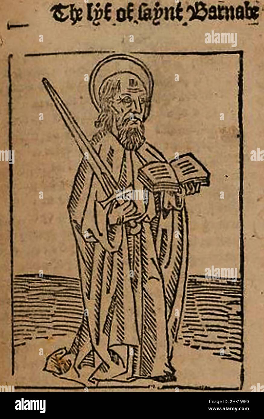 15th Century Woodcut montrant Saint Barnabas, (Barnabus né Joseph ou Joses) tel qu'imprimé par William Caxton ( 1422-1491/92) dans sa traduction de 'la Légende dorée' ou 'donc endeth la legende nommée dans Latyn legenda aurea qui est à saye en Englyshe la legende dorée' par Jacobus, de Voragine, Circa 1229-1298. Banque D'Images