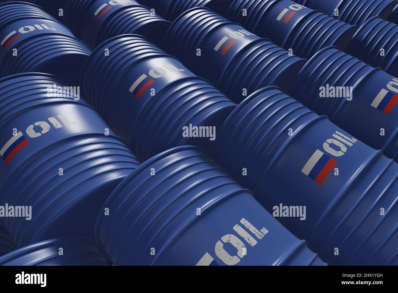 Barils de pétrole en métal bleu avec drapeau russe et pétrole inscrit dessus Banque D'Images