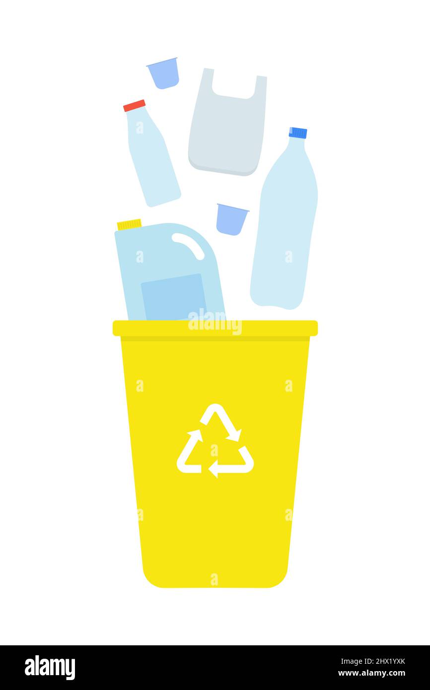 Recyclage des déchets plastiques. Poubelle jaune avec emballage en plastique et bouteilles. Isolé sur fond blanc. Illustration vectorielle. Illustration de Vecteur