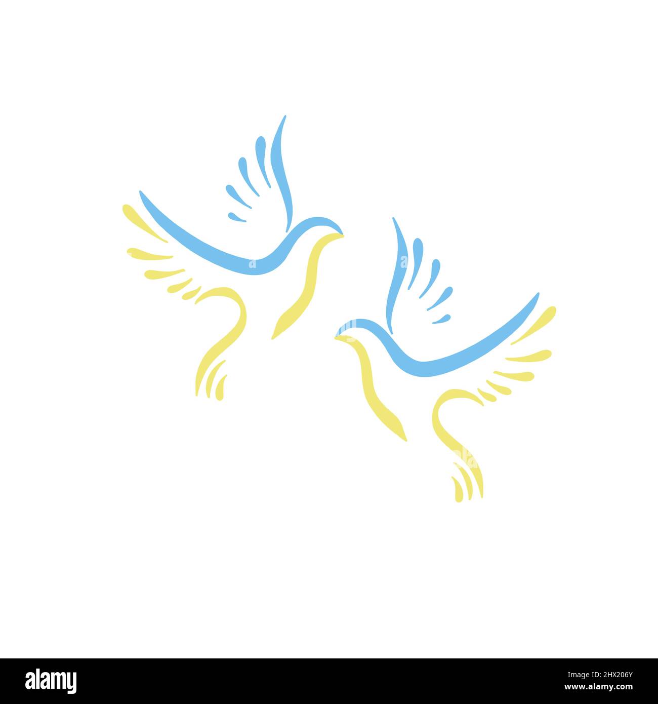 Deux colombes de la paix. Oiseau volant. Concept de paix. Symbolisme des colombes jaunes - drapeau ukrainien Banque D'Images