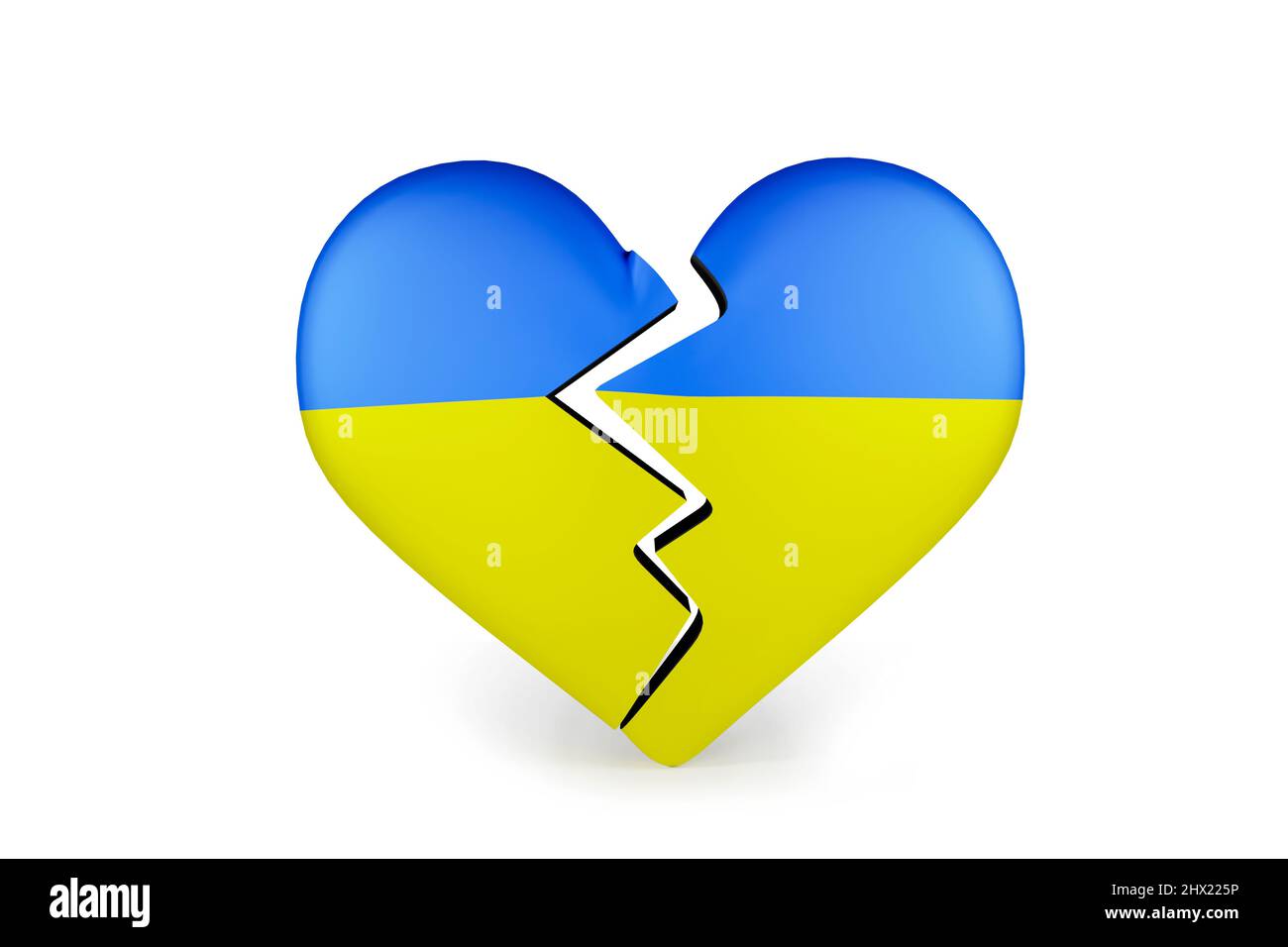 Coeur brisé de l'Ukraine couleurs de drapeau isolées sur fond blanc - rendu 3D Banque D'Images