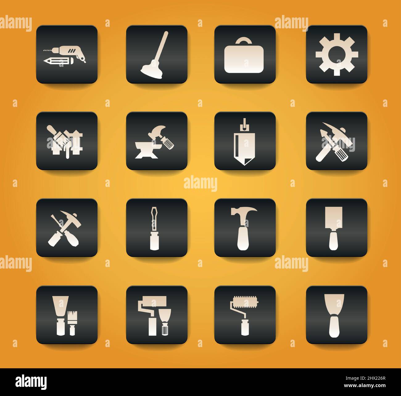 Symboles des outils de travail sur les boutons noirs sur fond jaune Illustration de Vecteur