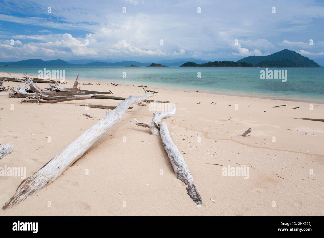 Vue sur la mer d'une plage en rondins en été ensoleillé. Parc national de Laem son, Ranong, Thaïlande. Banque D'Images