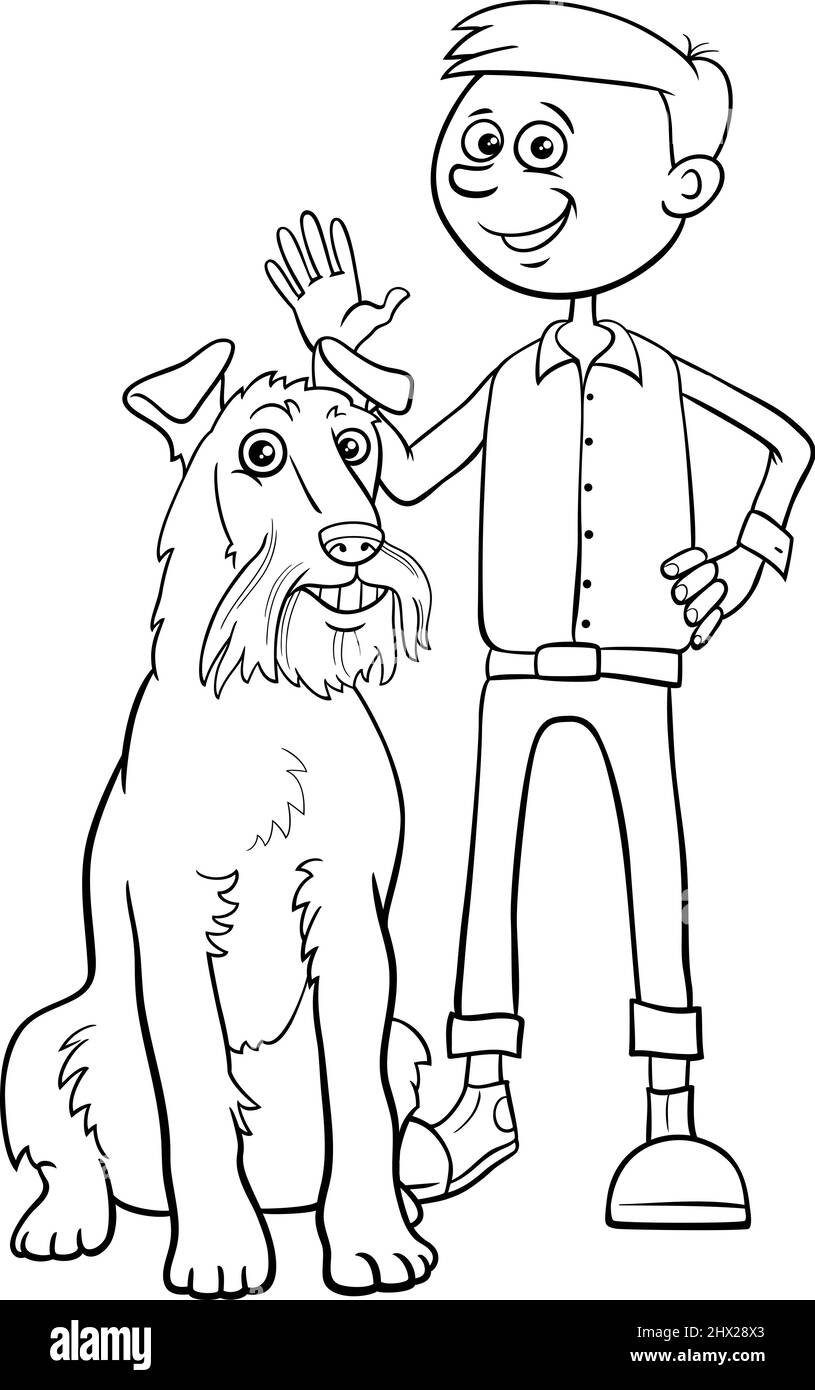 Illustration de dessin animé noir et blanc de garçon avec sa page de livre de coloriage de chien d'animal de compagnie Illustration de Vecteur