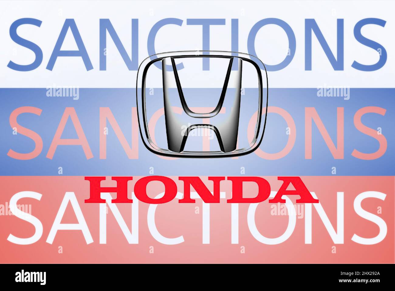 Logo Honda devant le drapeau russe. Sanctions contre la Russie suite à son invasion de l'Ukraine. Mars 2022, San Francisco, États-Unis Banque D'Images Logo Honda devant le drapeau russe. Sanctions contre la Russie suite à son invasion de l'Ukraine. Mars 2022, San Francisco, États-Unis Banque D'Images