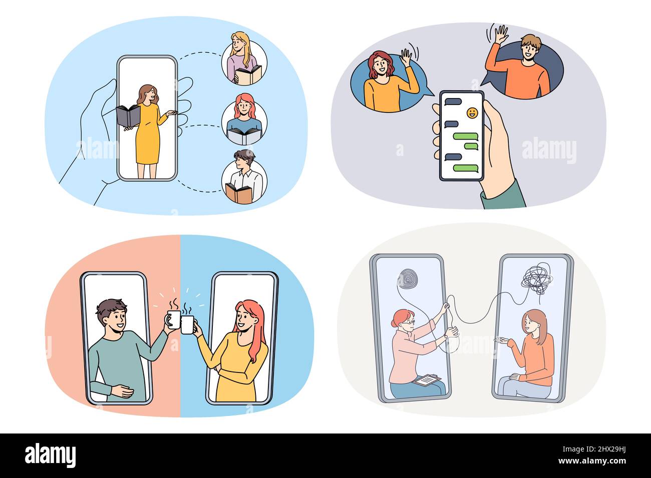 Un ensemble de personnes diverses utilisent des smartphones pour communiquer sur Internet à l'aide d'applications de téléphone portable. Collection d'hommes et de femmes tiennent le message de discussion de téléphone cellulaire en ligne dans des gadgets. Technologie. Illustration vectorielle. Illustration de Vecteur