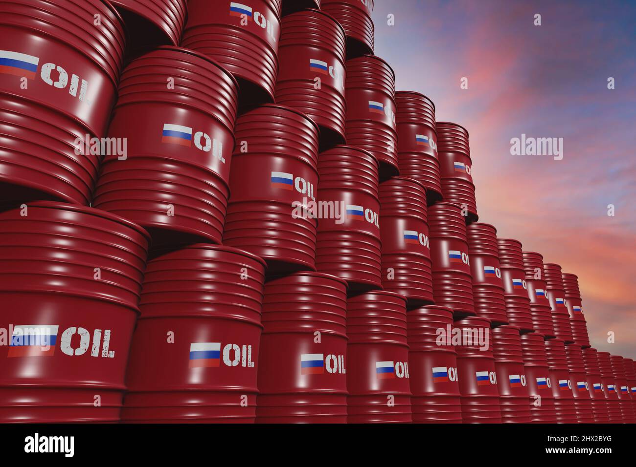 Barils de pétrole en métal rouge avec le drapeau russe et le pétrole écrit dessus Banque D'Images