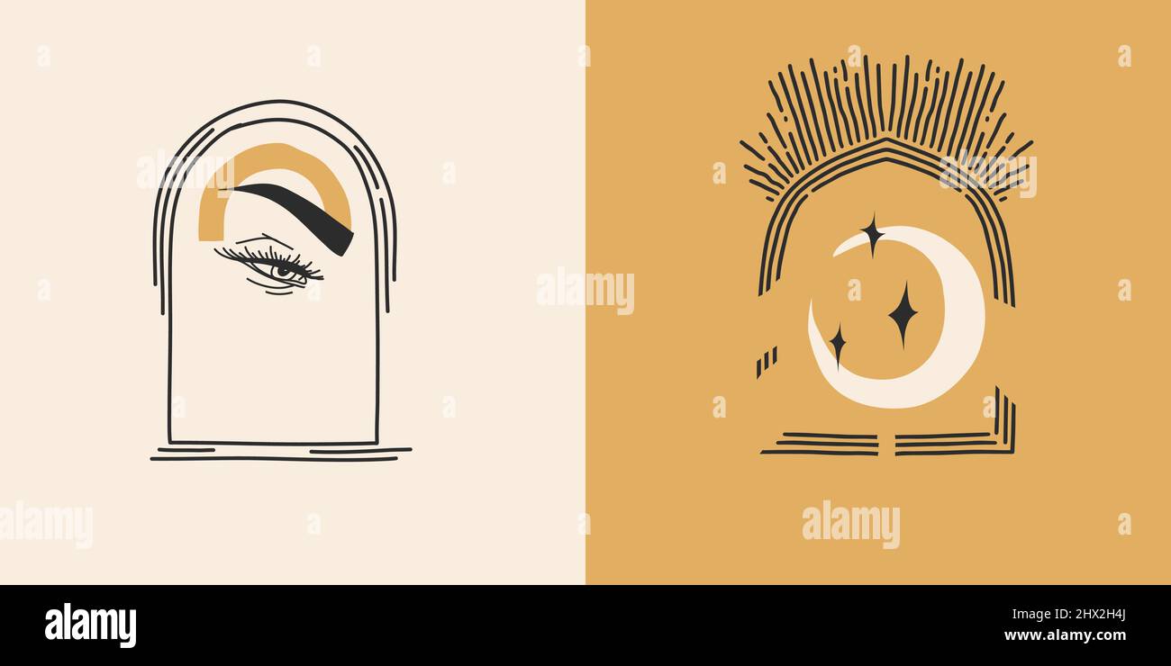 Dessin à la main vecteur résumé stock plat illustrations graphiques ensemble avec élément de logo, bohème astrologie magique minimaliste emblème de la ligne mystique arche Illustration de Vecteur