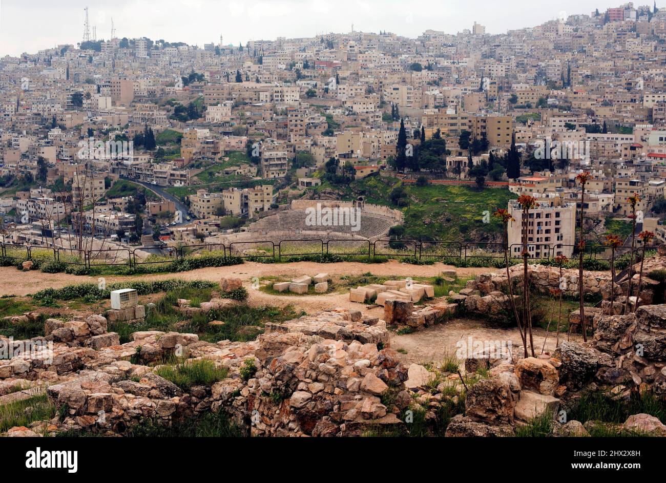 Amman (capitale de la Jordanie), vue panoramique de la Citadelle avec vestiges. Banque D'Images