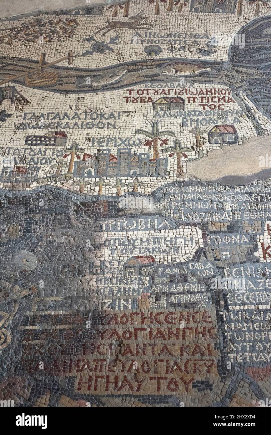 Carte de la mosaïque de Madaba dans l'église Saint George. Carte de la Terre Sainte (6th siècle). Jordanie. Banque D'Images