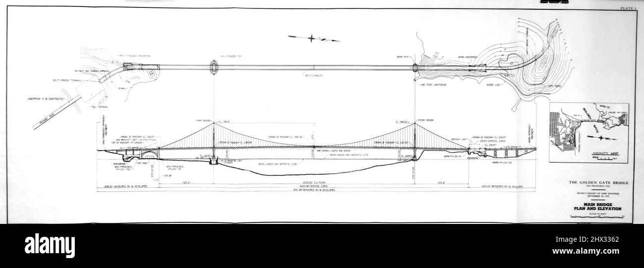 Plan du pont principal et élévation du pont du Golden Gate; rapport de l'ingénieur en chef au conseil d'administration du Golden Gate Bridge and Highway District, Californie, septembre 1937 Banque D'Images