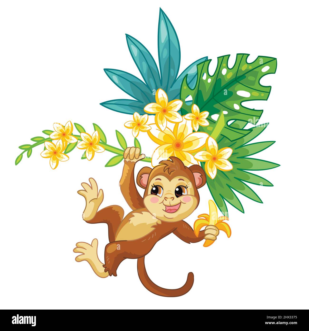 Adorable personnage de singe avec plantes tropicales et fleurs. Animal drôle dans le style de dessin animé. Illustration vectorielle isolée sur fond blanc. Pour la carte, pos Illustration de Vecteur