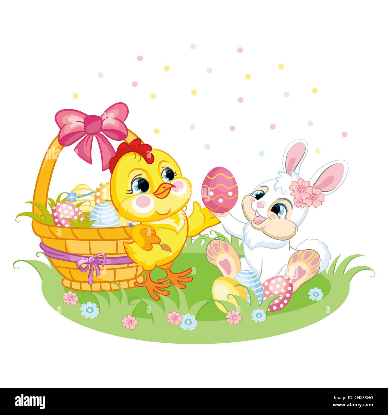 Mignon personnages de dessin animé poulet et lapin de pâques et le panier avec des oeufs de pâques. Illustration vectorielle isolée. Pour les cartes postales, affiches, pépinières, Illustration de Vecteur
