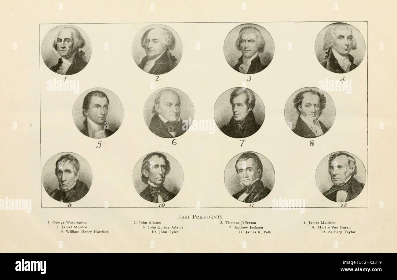 Anciens présidents des États-Unis 1. George Washington 2.John Adams 3. Thomas Jefferson 4. James Madison 5. James Monroe 6. John Quincy Adams 7. Andrew Jackson 8. Martin Van Buren 9. William Henry Harrison 10. John Tyler 11. James K. Polk 12. Zachary Taylor du livre ' le monument de Washington illustré; guide complet et histoire; faits et figures authentiques; cité picturale de Washington ' par Ina Capitola Emery, publié en 1913 Banque D'Images