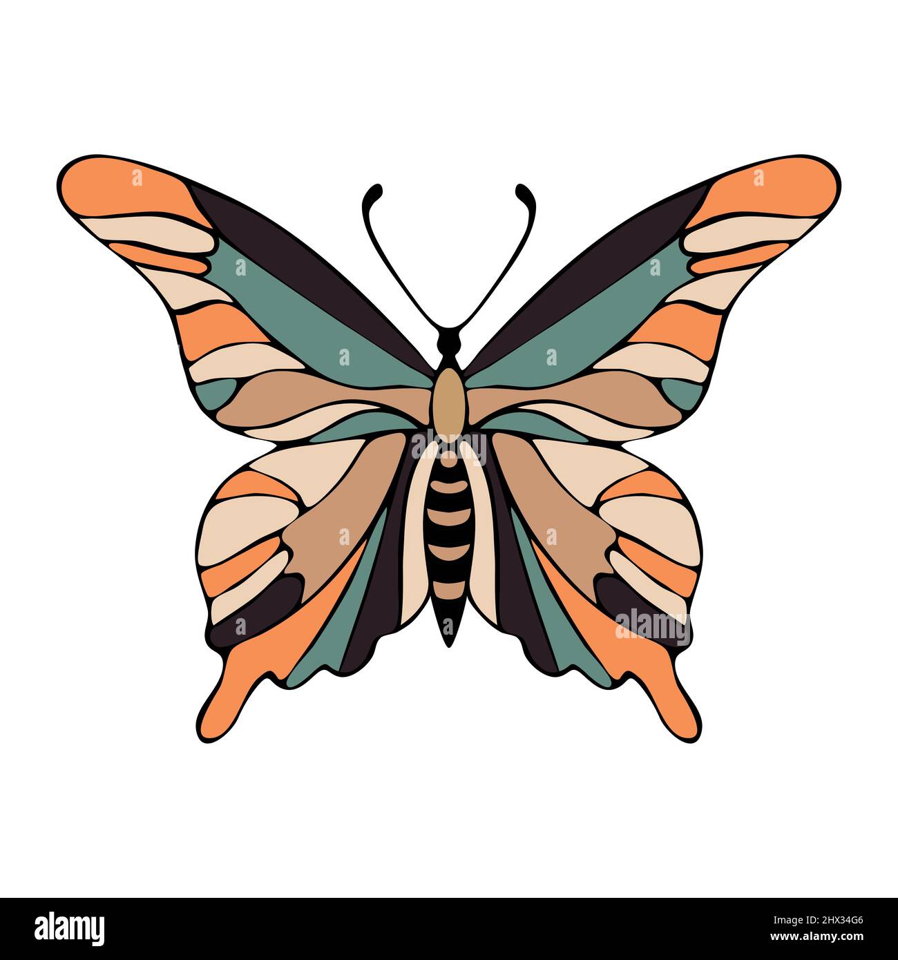Dessin à la main de contour de papillon peint de couleur, isolé, blanc. Illustration vectorielle Illustration de Vecteur