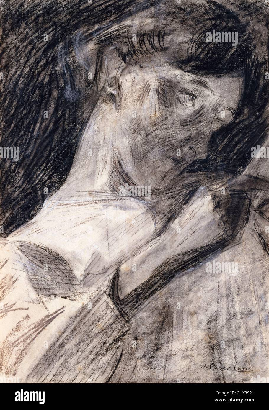 Umberto Boccioni, jeunes femmes lisant (Ines), dessin de portrait, charbon de bois, aquarelle et crayon de cire sur papier, 1909-1910 Banque D'Images