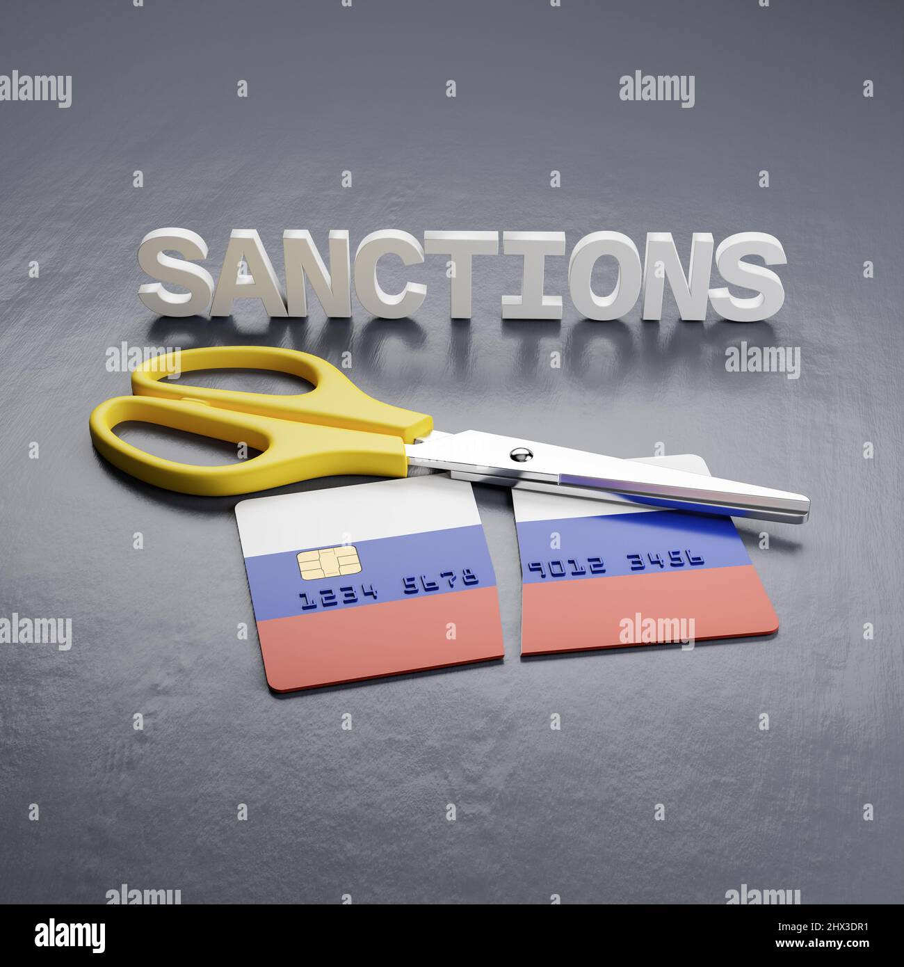 Russie notion de sanctions: Une carte de crédit coupée avec le drapeau russe, un ciseaux et le mot sanctions Banque D'Images