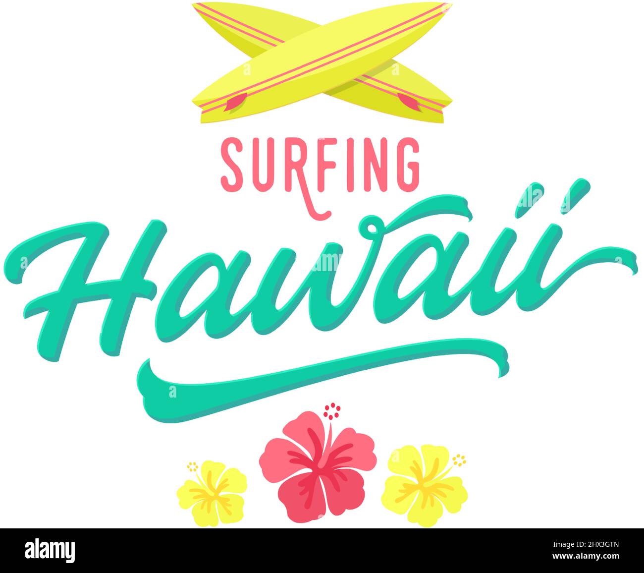 Surfing Hawaii Aloha lettering. Signe tropical d'été Havaiian, étiquette, modèle de carte. Fleurs hibiscus et planches de surf de style plat décoratif Illustration de Vecteur