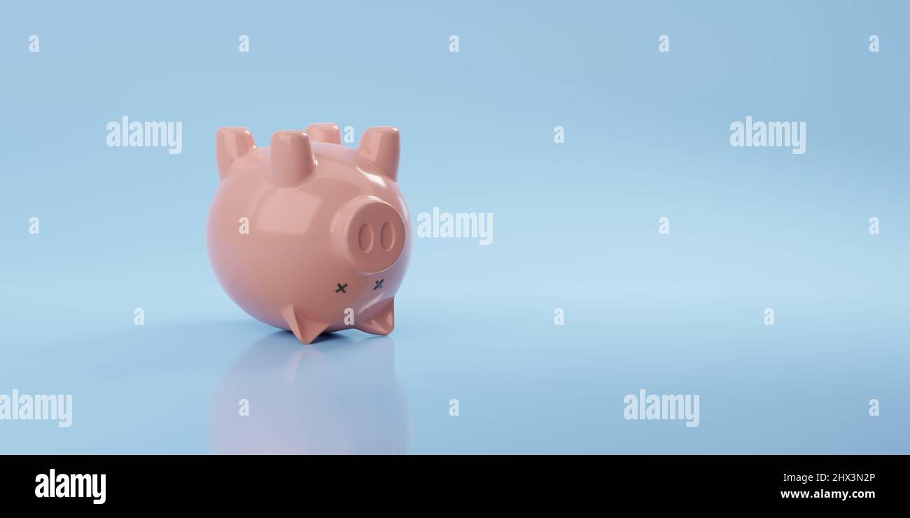 Une banque de porc morte à l'envers avec un espace de copie. Concept de faillite. 3d illustration. Banque D'Images