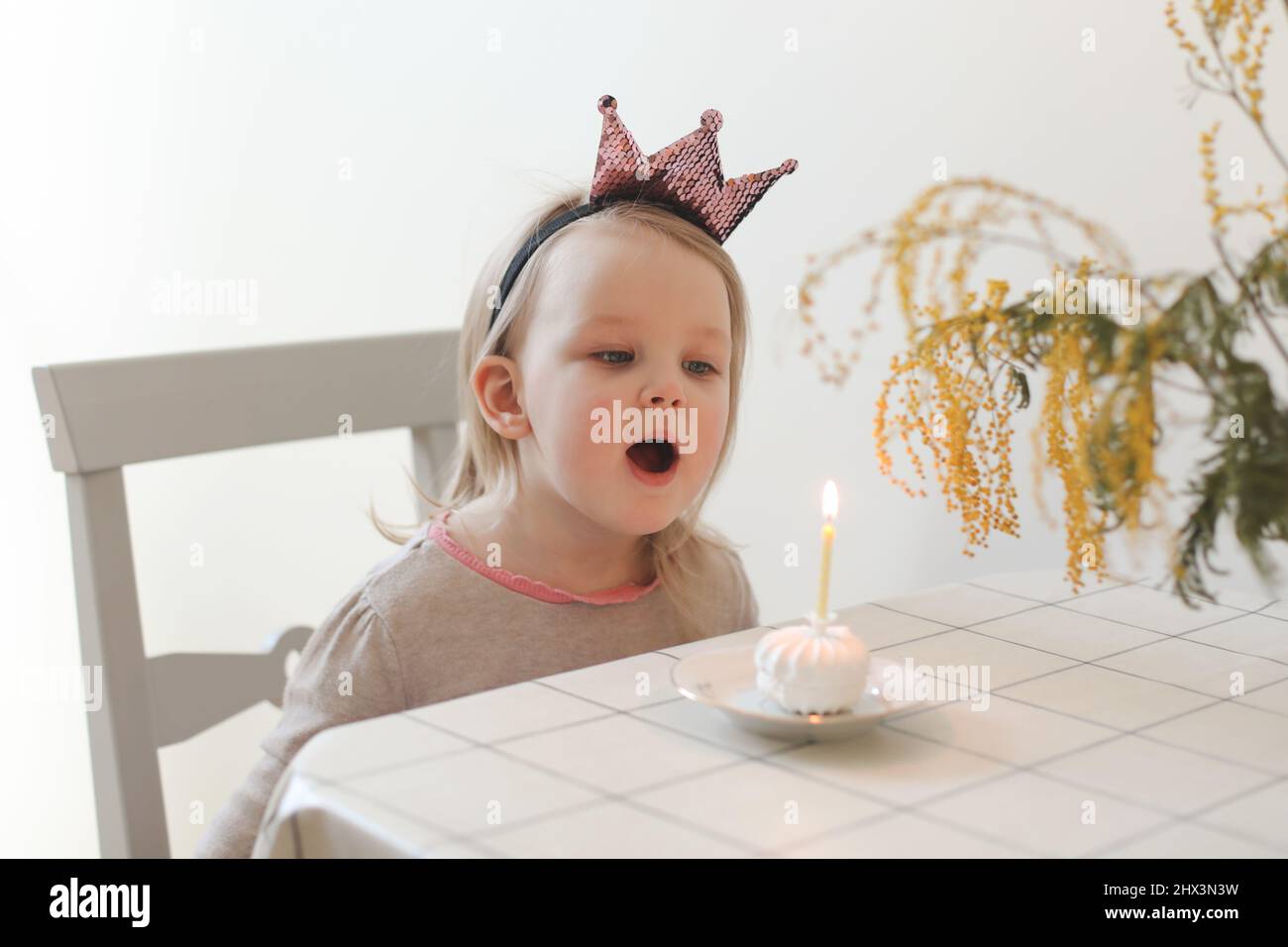 une petite fille mignonne souffle une bougie sur un gâteau d'anniversaire à la maison. Anniversaire de l'enfant Banque D'Images