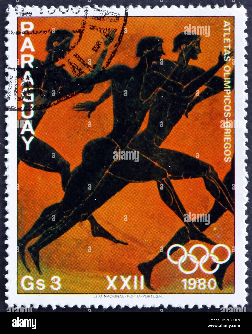 PARAGUAY - VERS 1979: Un timbre imprimé au Paraguay montre trois coureurs, des athlètes grecs, peinture sur vase grec, vers 1979 Banque D'Images